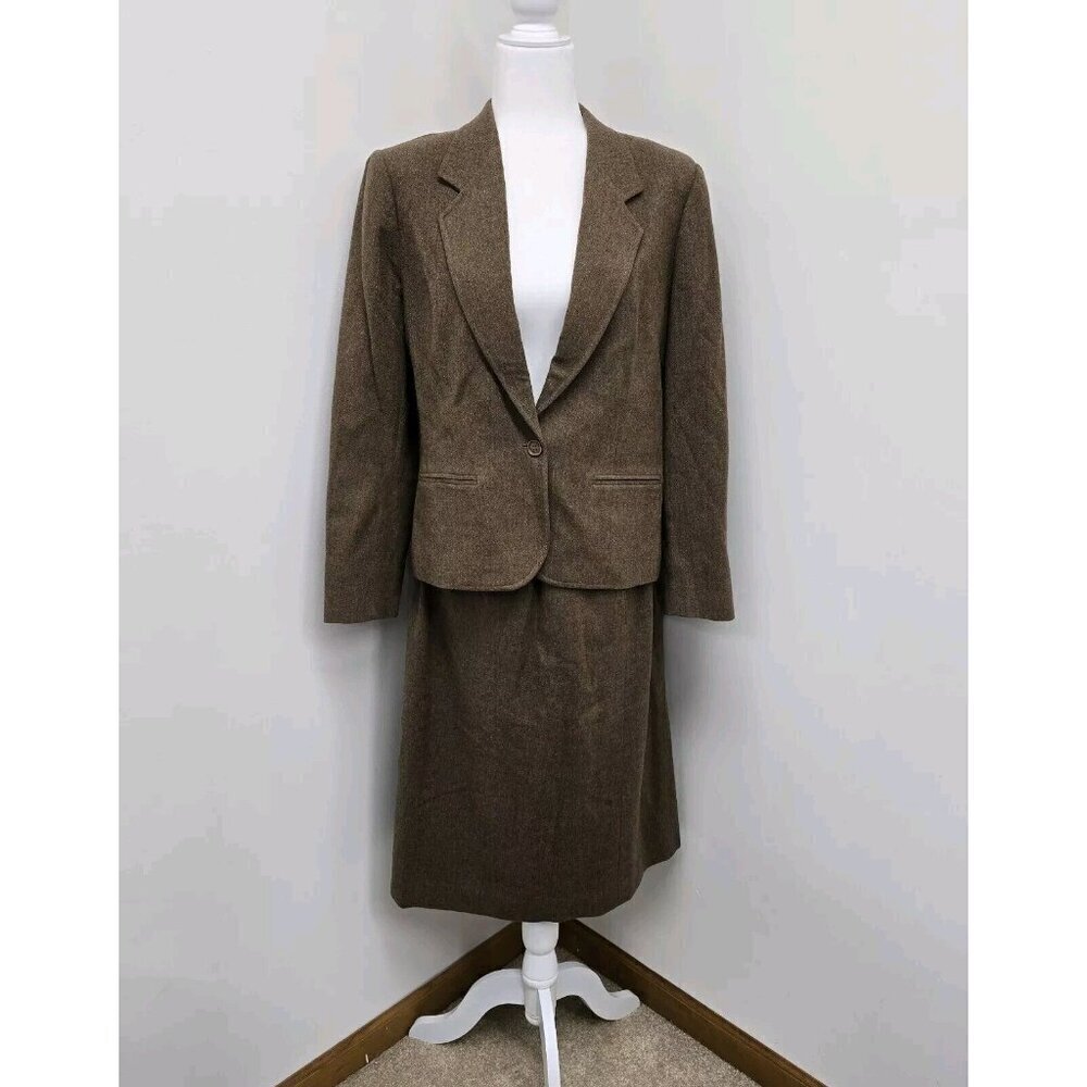 VTG Pendleton 100% Pure Virgin Wool Suit Set Jacket Skirt Womens Sz 12 Brown USA